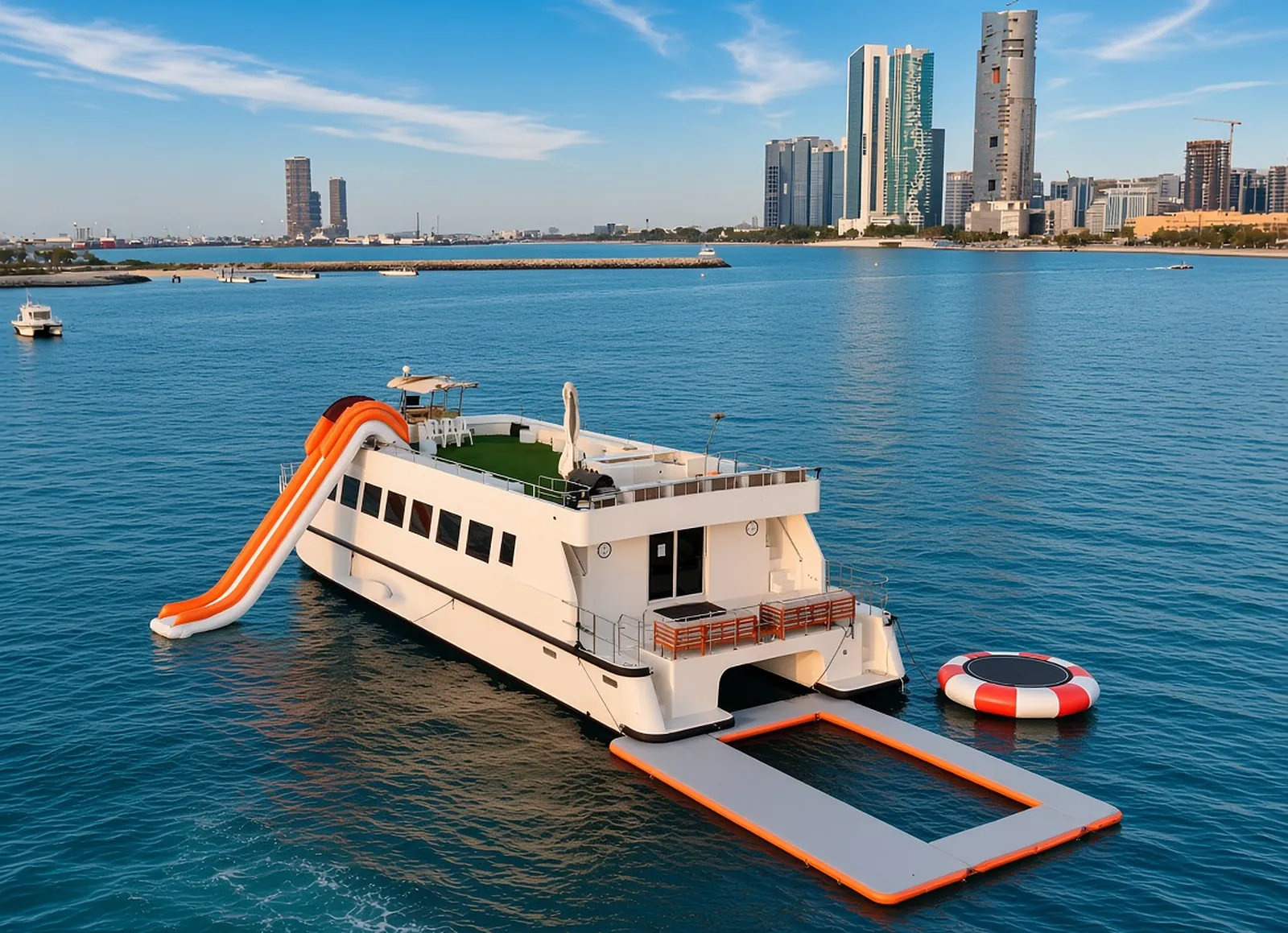 Party catamaran with an inflatable water slide, floating pool and trampoline off the Abu Dhabi skyline